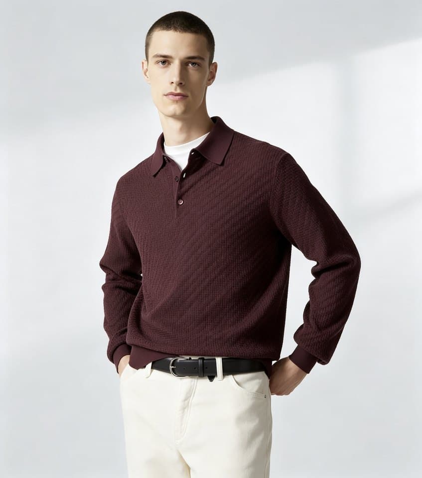 Men's Burgundy Herringbone Long Sleeve Knit Polo