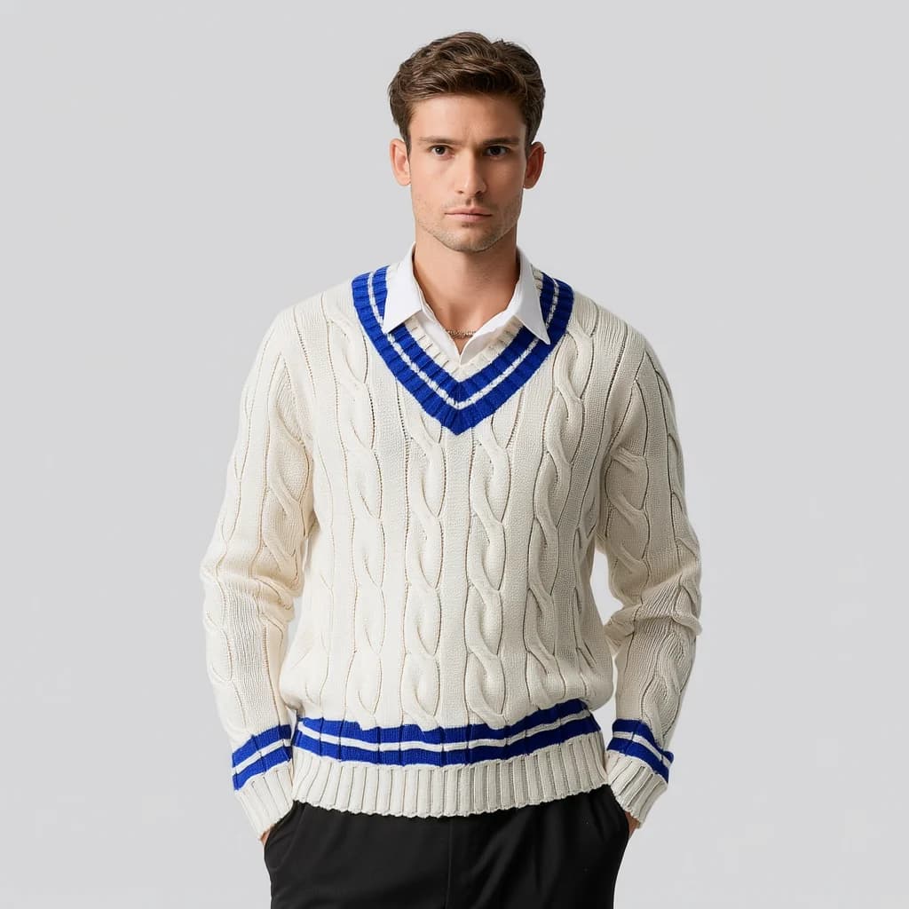Men's Cable Knit Cricket Sweater Purple Blue Striped V Neck Preppy Tennis Pullover