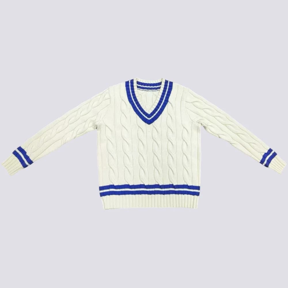 Men's Cable Knit Cricket Sweater Purple Blue Striped V Neck Preppy Tennis Pullover — view 5