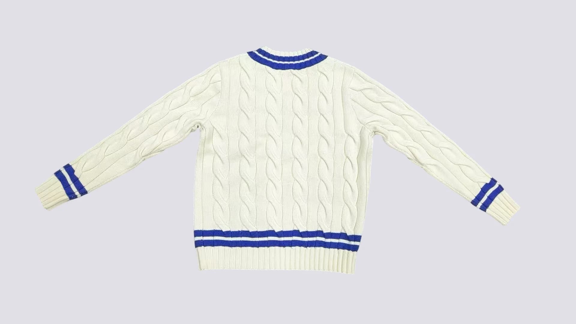 Men's Cable Knit Cricket Sweater Purple Blue Striped V Neck Preppy Tennis Pullover — view 6