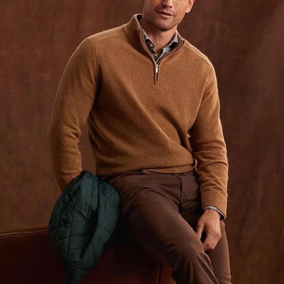 Men's Camel Brown Quarter Zip Sweater Mock Neck Wool Blend Casual Pullover