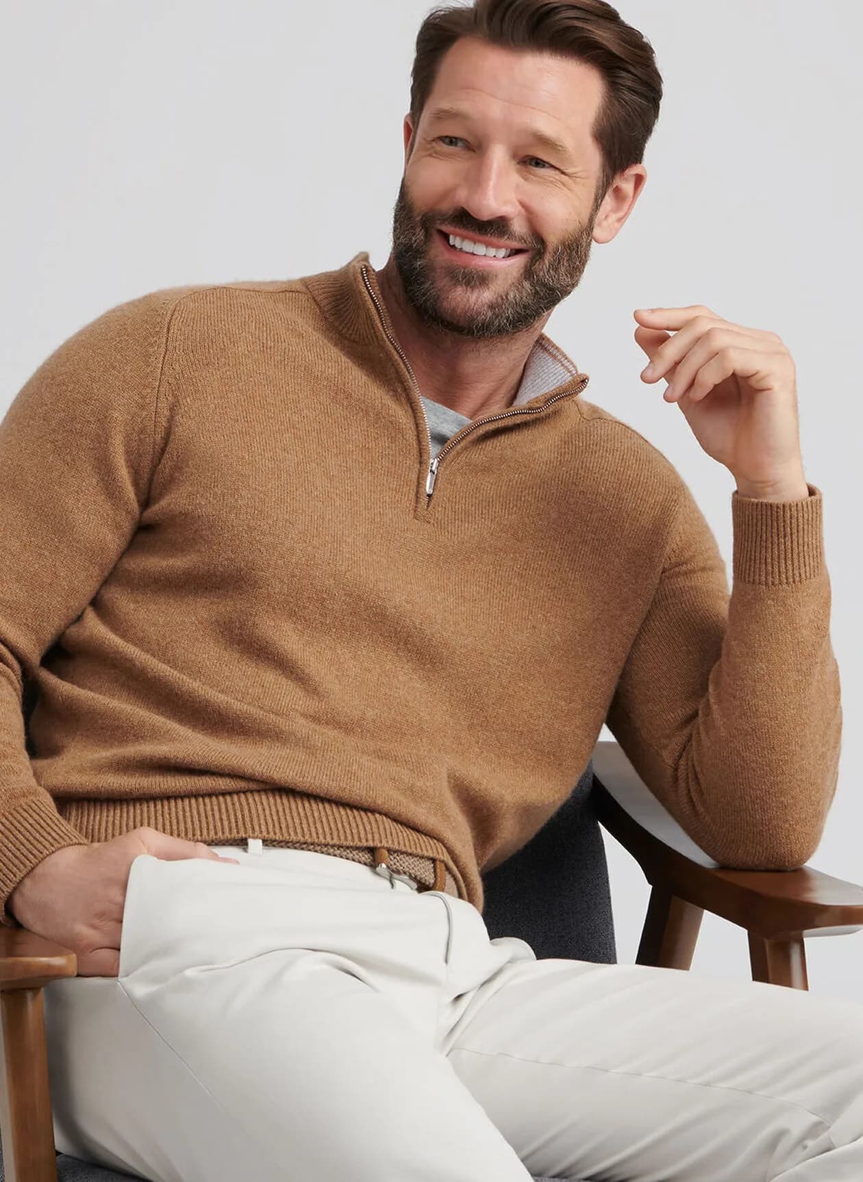Men's Camel Brown Quarter Zip Sweater Mock Neck Wool Blend Casual Pullover — view 3
