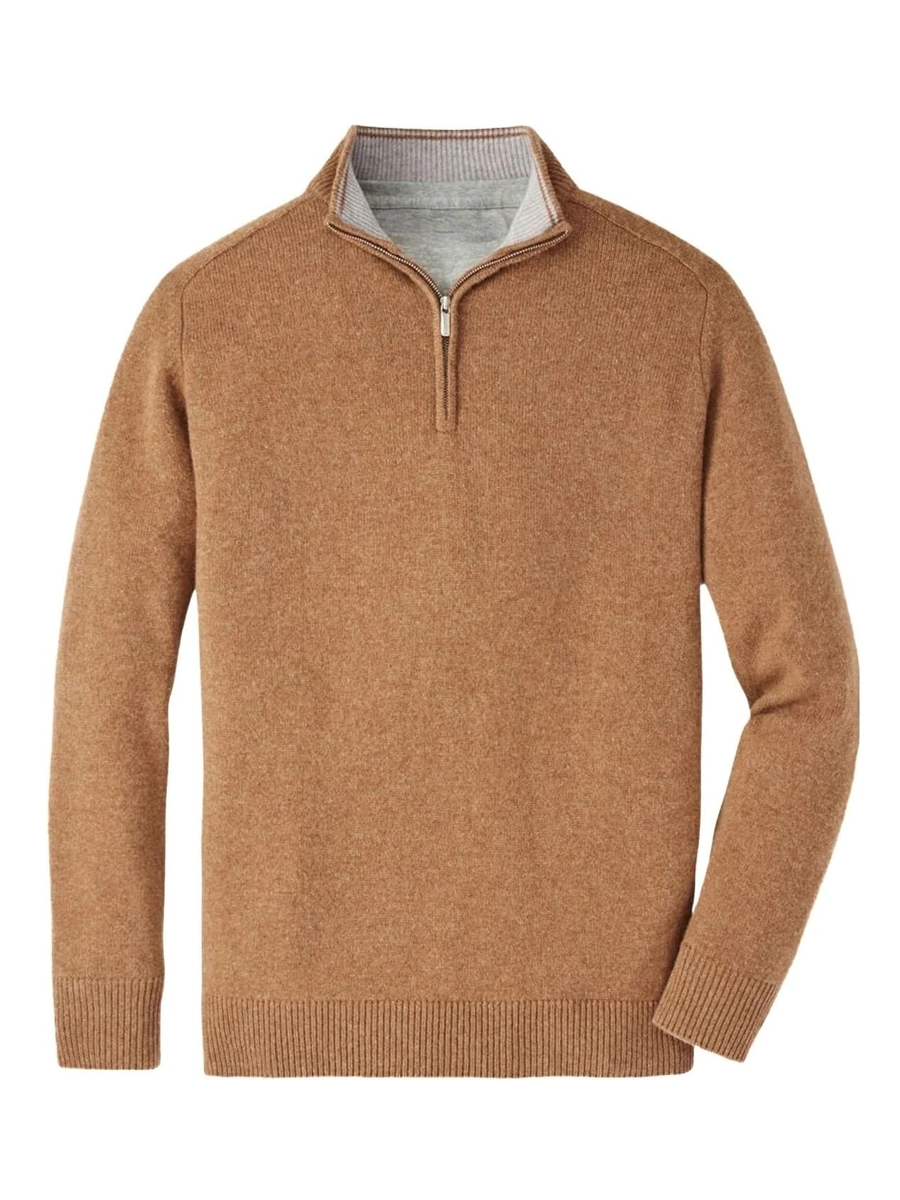 Men's Camel Brown Quarter Zip Sweater Mock Neck Wool Blend Casual Pullover — view 4