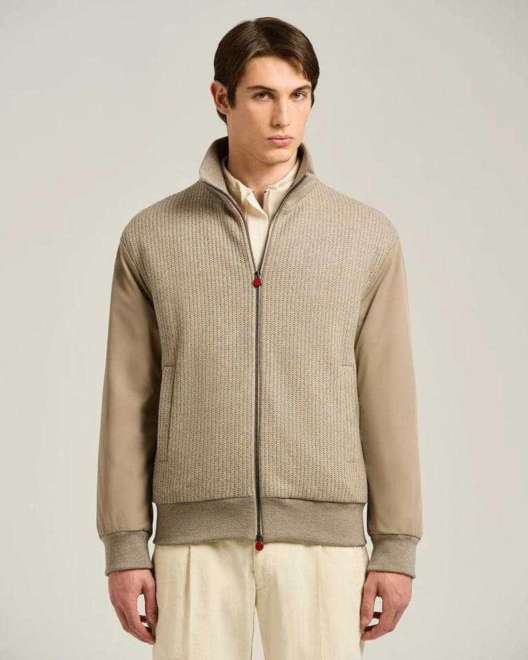 Men's Camel Hybrid Knit Bomber Jacket Full Zip