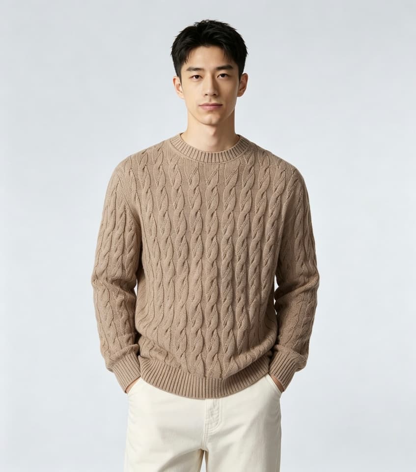 Men's Camel Marl Cable Knit Crew Neck Sweater