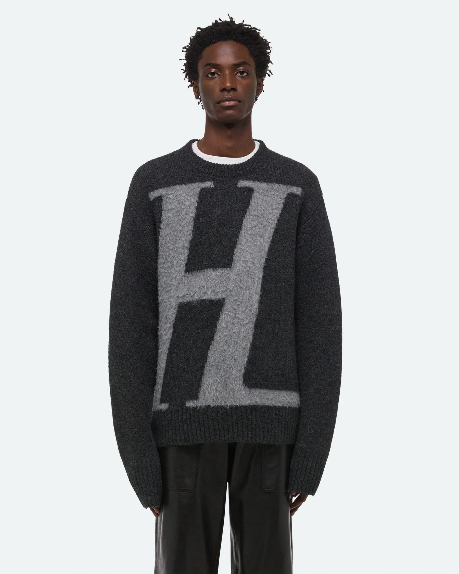 Men's Charcoal Grey Crew Neck Sweater Logo Intarsia