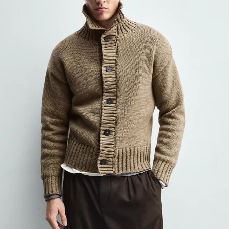 Men's Chunky Beige Neck Button Cardigan Jacket Heavy Knit Winter Outdoor Coat Ribbed Hem