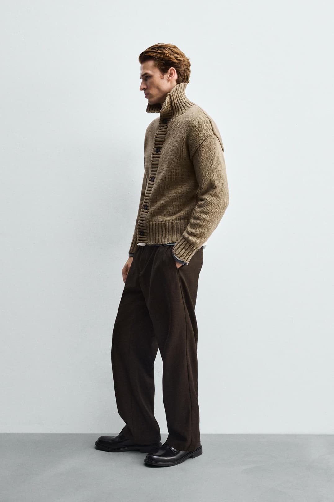 Men's Chunky Beige Neck Button Cardigan Jacket Heavy Knit Winter Outdoor Coat Ribbed Hem — view 5