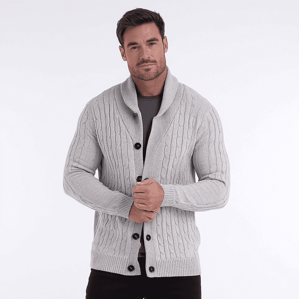Men's Chunky Grey Waffle Knit Shawl Collar Cardigan Button Heavy Wool Coat