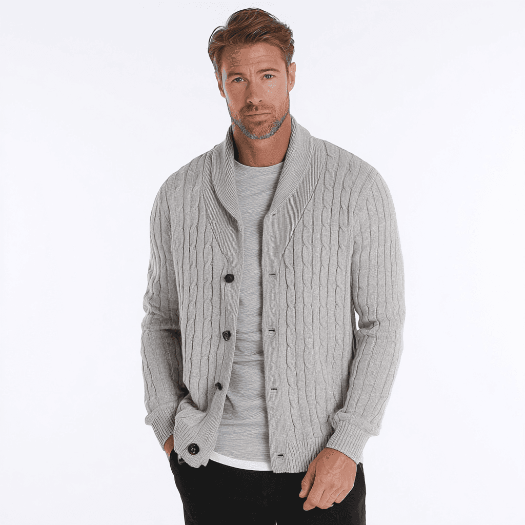Men's Chunky Grey Waffle Knit Shawl Collar Cardigan Button Heavy Wool Coat — view 3