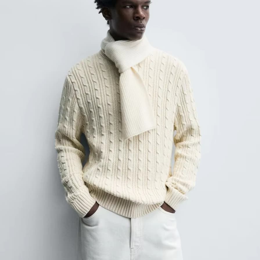 Men's Classic Cream Fisherman Cable Knit Sweater Heavy Wool Traditional Aran Winter