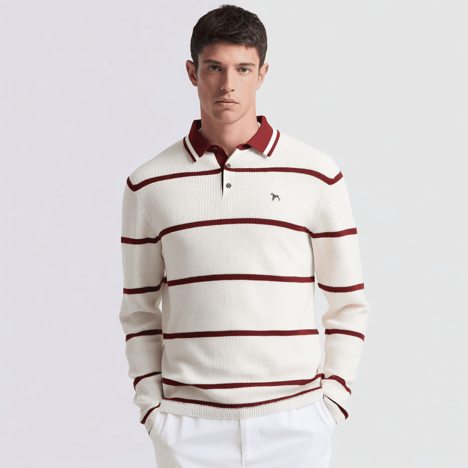 Men's Cream and Burgundy Striped Long-Sleeve Cotton Knit Polo