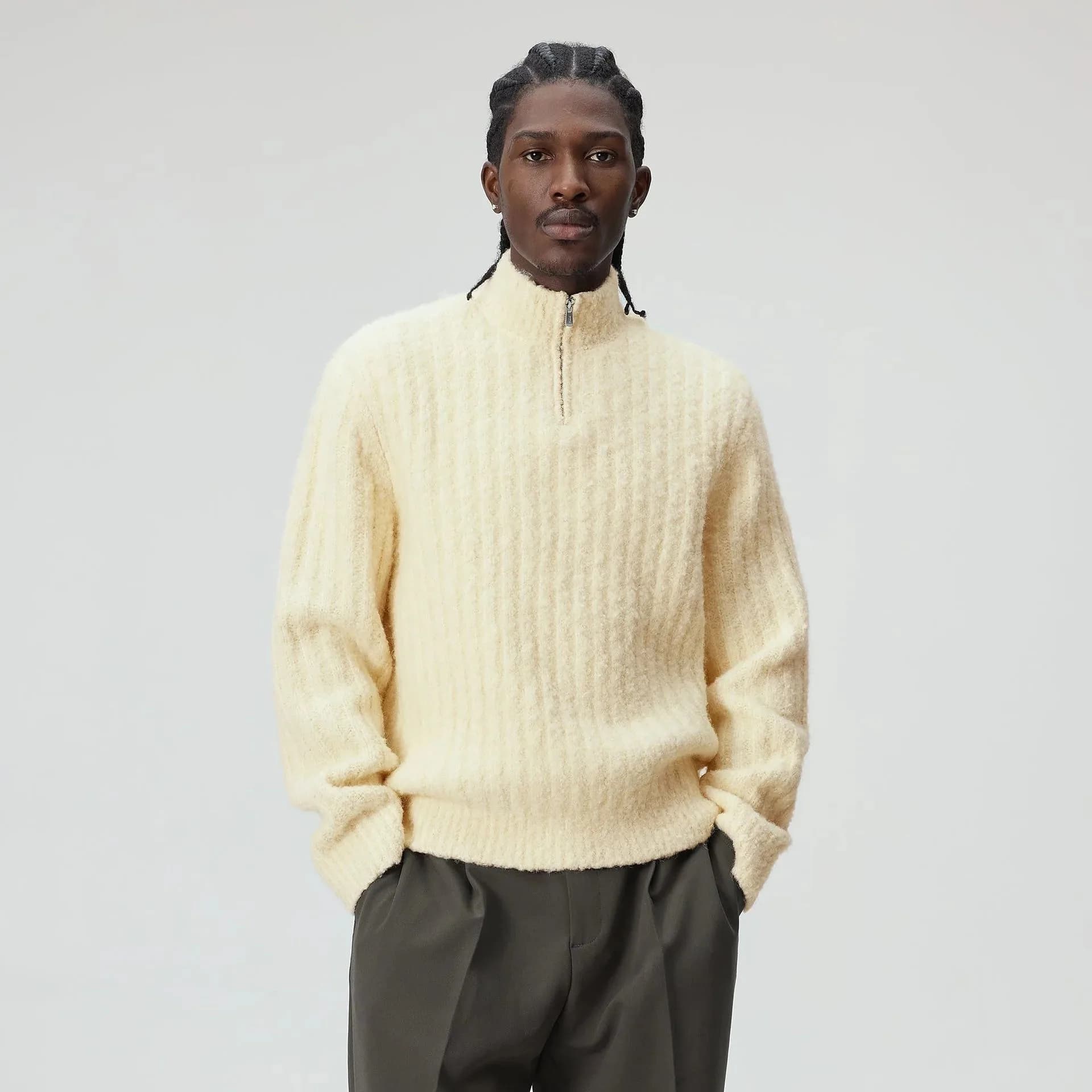 Men's Cream Cable Knit Quarter Zip Mock Neck Sweater
