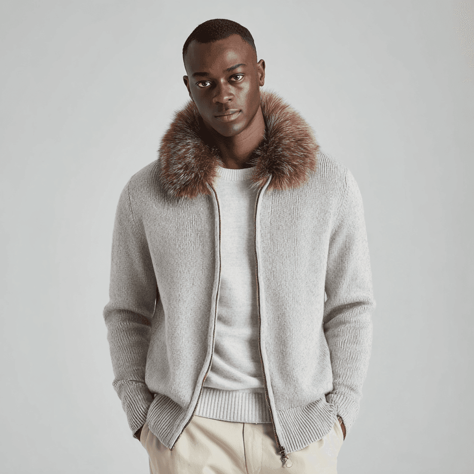 Men's Cream Knit Full Zip Jacket Removable Fur Collar