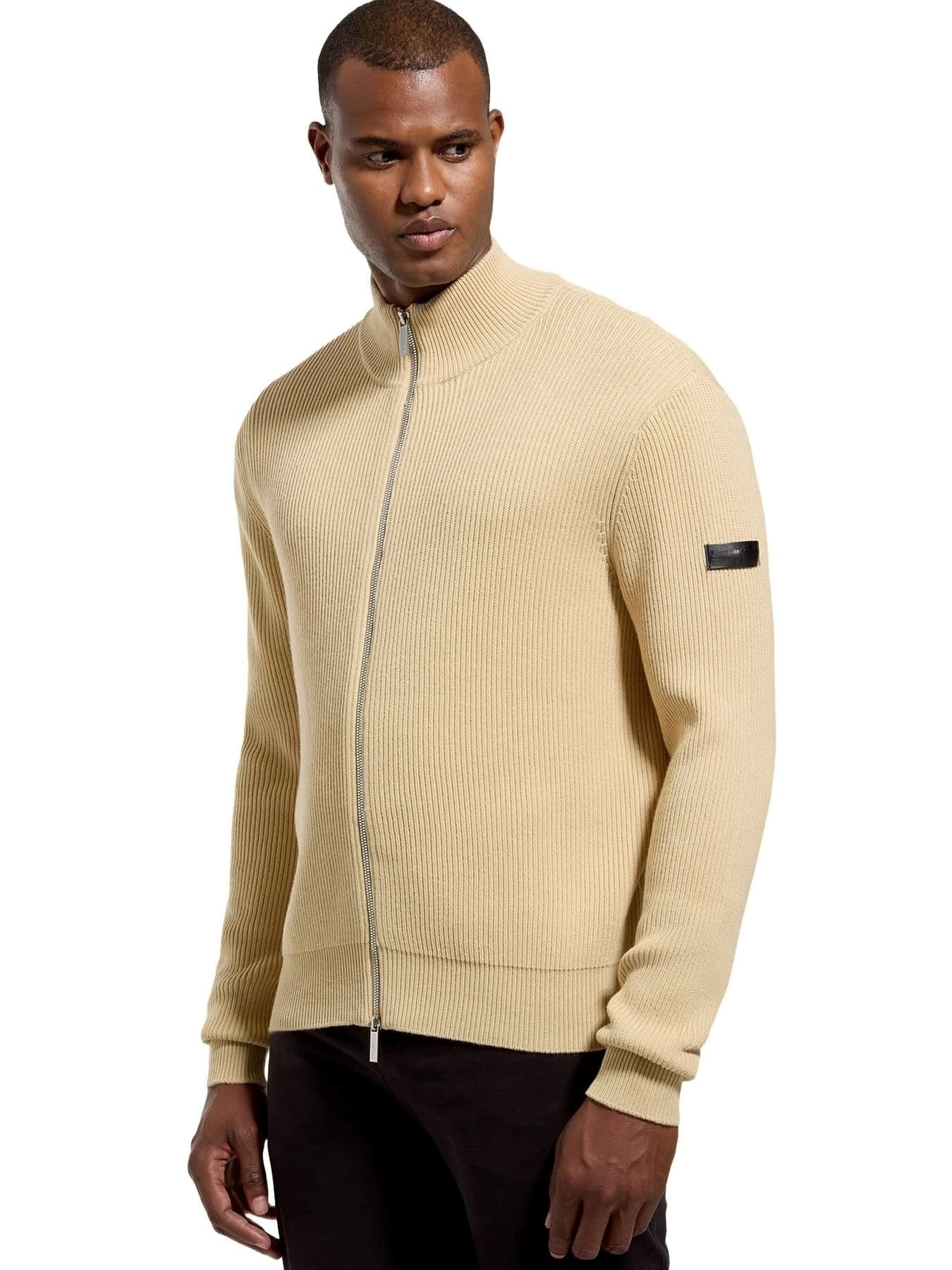 Men's Cream Ribbed Full Zip Mock Neck Cardigan