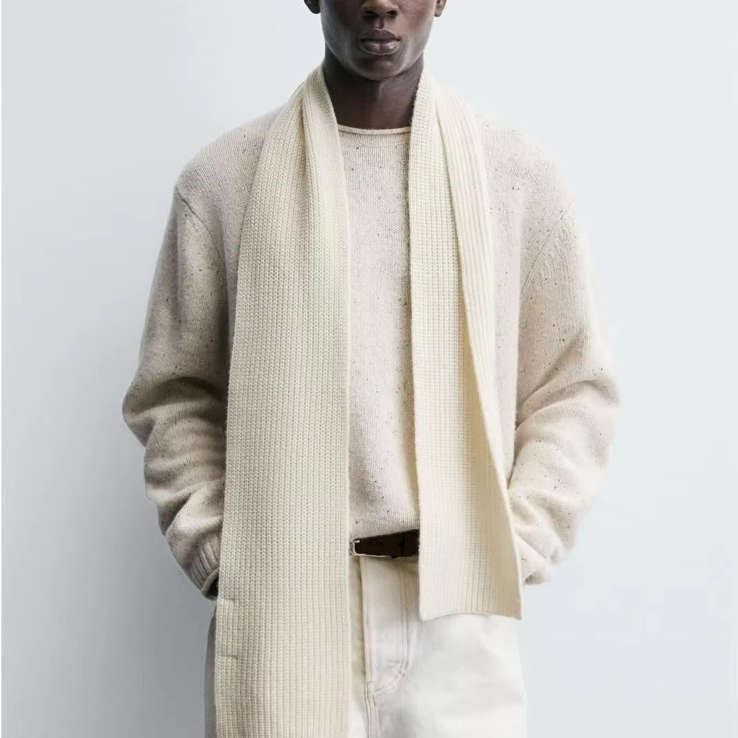 Men's Cream Speckled Knit Sweater Confetti Fleck Crew Neck Pullover Scarf Set