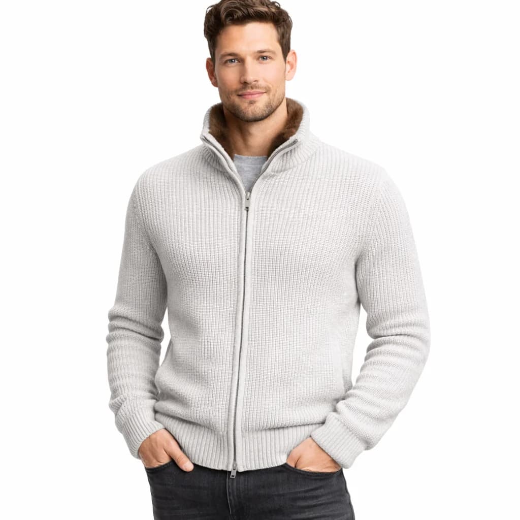 Men's Creamy Cashmere Wool Cardigan Detachable Faux Fur Collar Double Zipper Winter — view 6