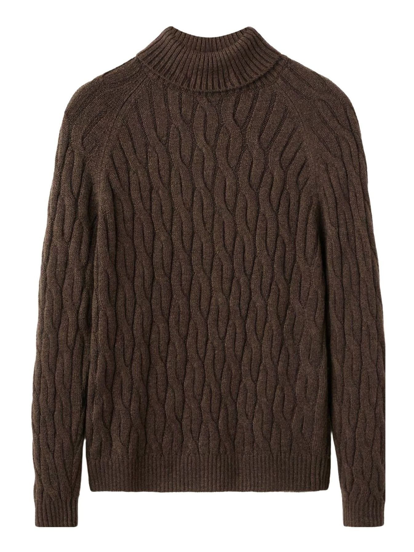 Men's Dark Brown Cable Knit Turtleneck Sweater Braided — view 6