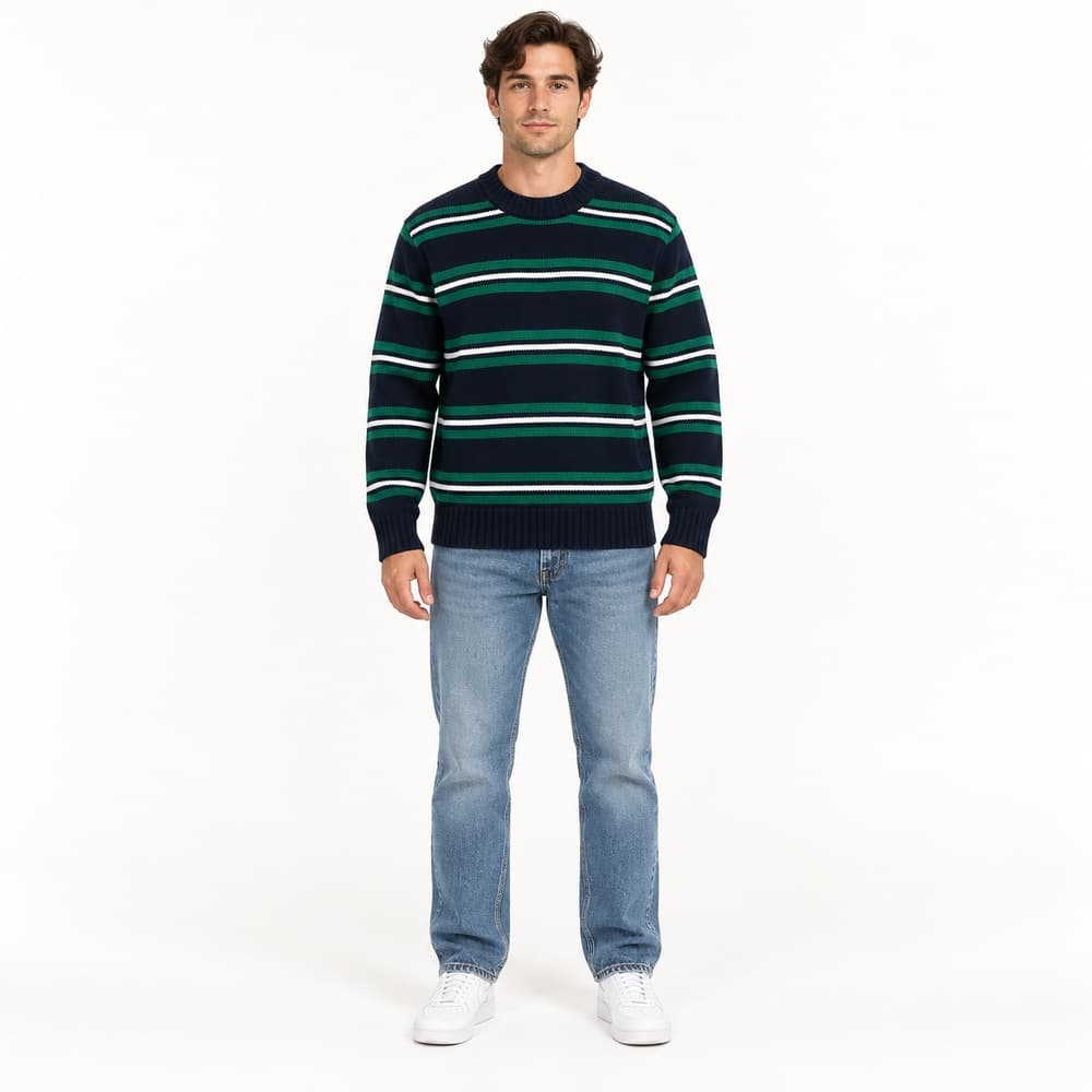 Men's Dark Green Red Striped Crew Neck Sweater