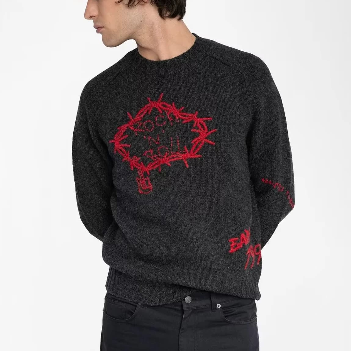 Men's Dark Grey Barbed Wire Graphic Sweater Rock Roll Text Intarsia Pullover