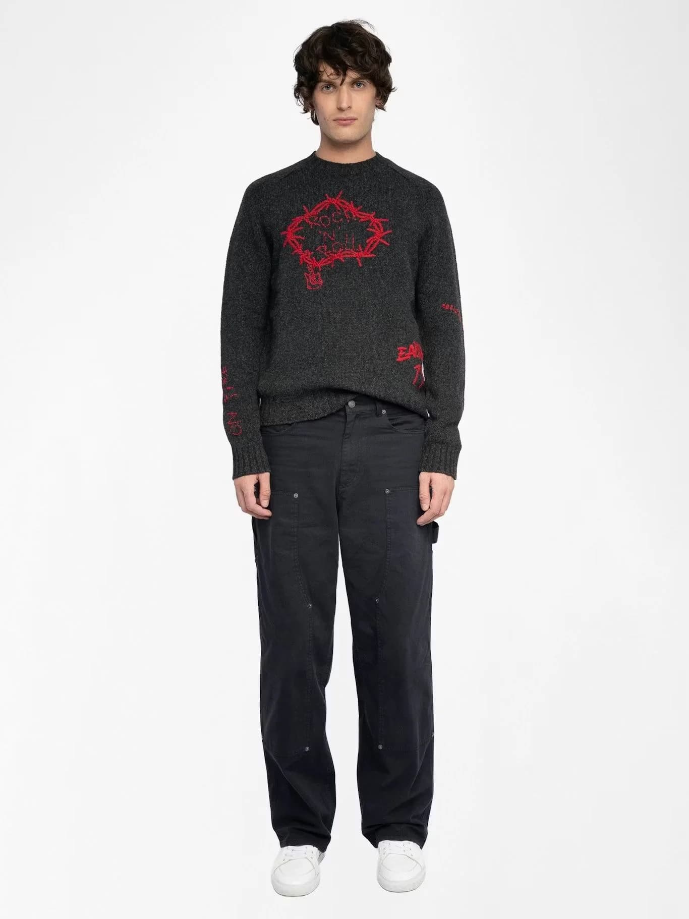 Men's Dark Grey Barbed Wire Graphic Sweater Rock Roll Text Intarsia Pullover — view 3