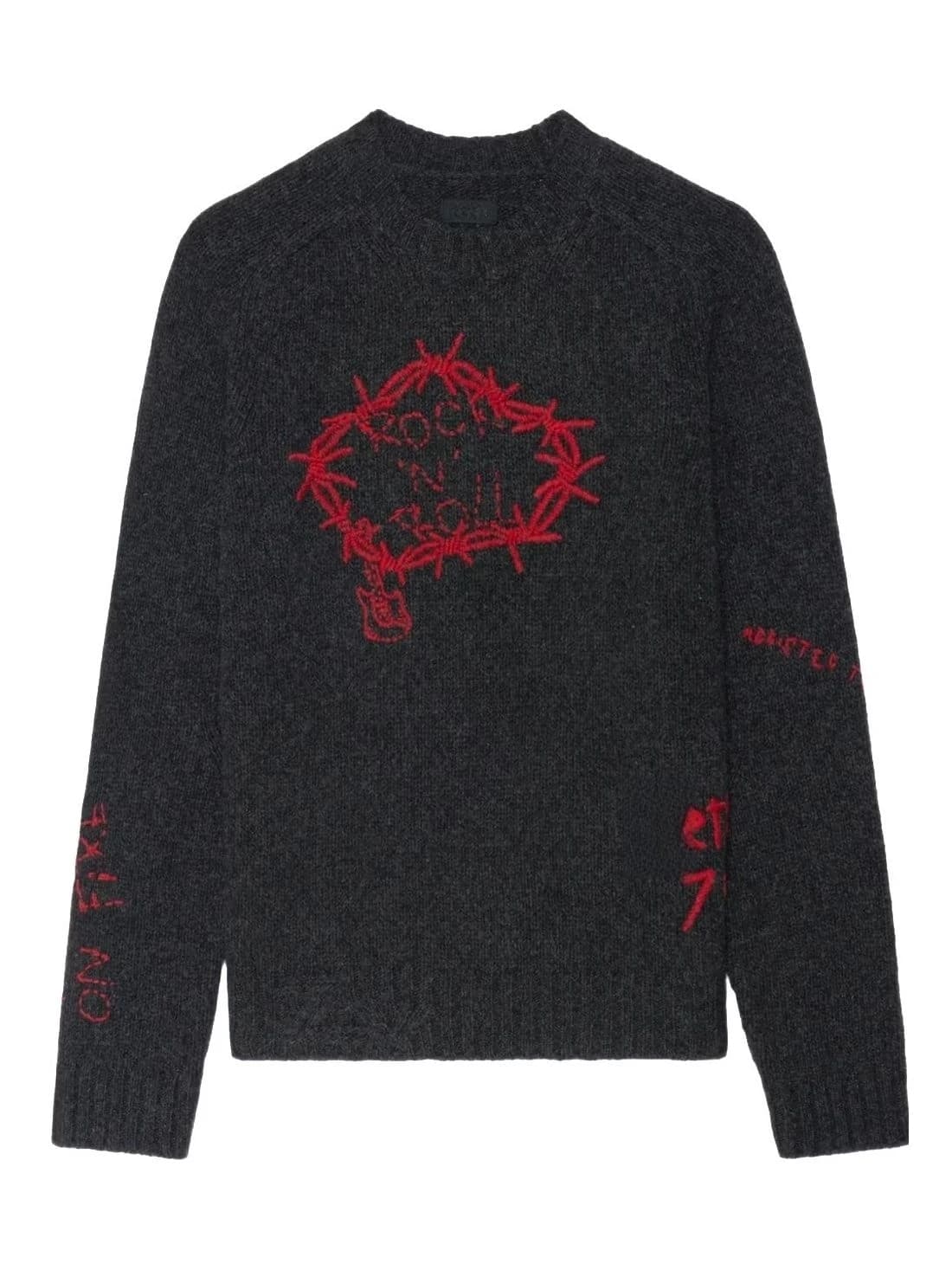 Men's Dark Grey Barbed Wire Graphic Sweater Rock Roll Text Intarsia Pullover — view 4