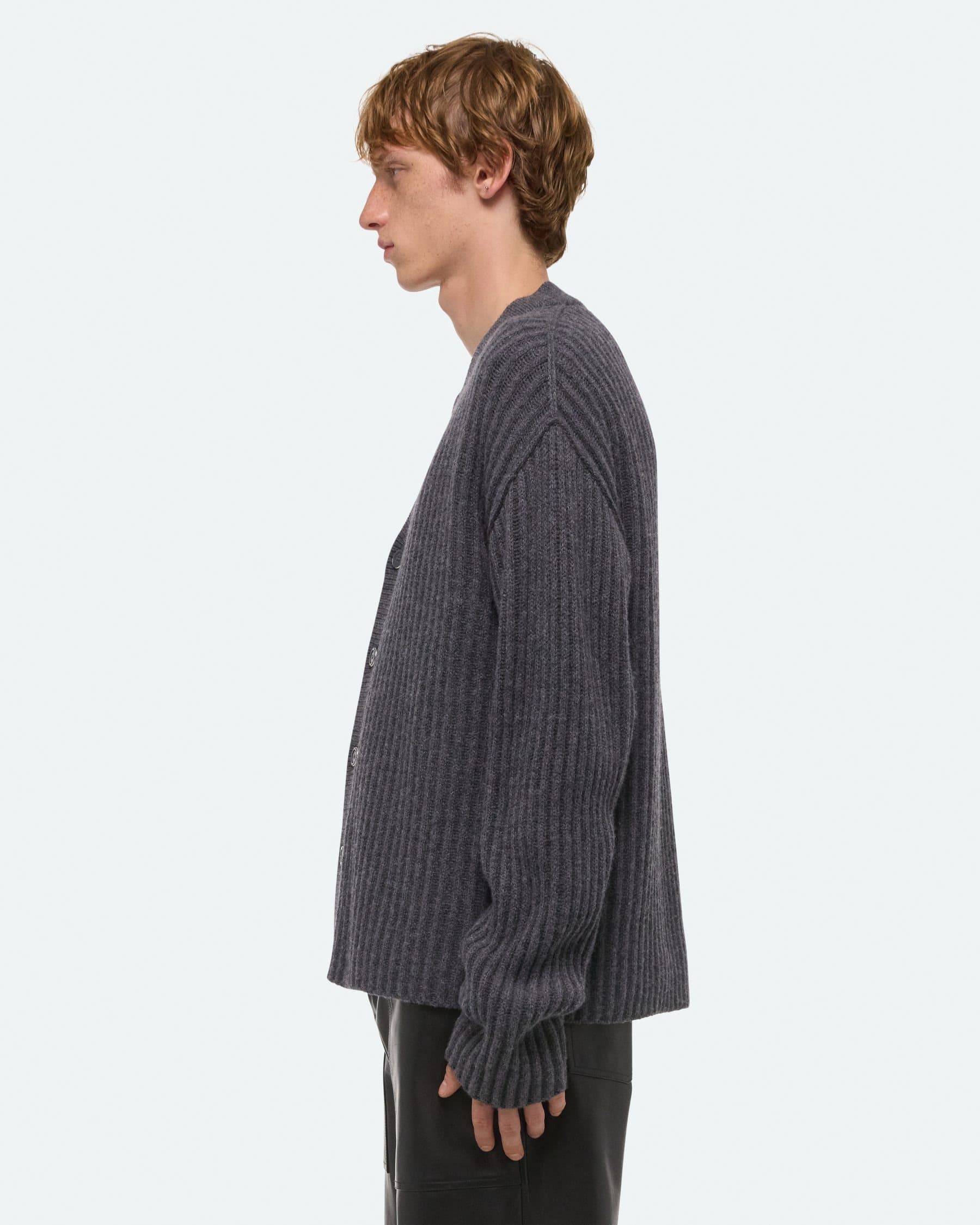 Men's Dark Grey Ribbed V Neck Cardigan Button Chunky Knit Sweater — view 5