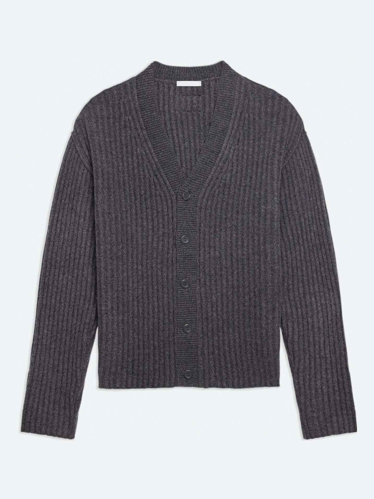 Men's Dark Grey Ribbed V Neck Cardigan Button Chunky Knit Sweater — view 6