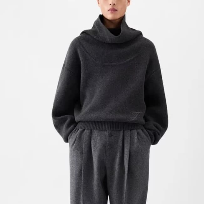 Men's Dark Grey Turtleneck Sweater Cursive Logo Embroidery Neck Pullover