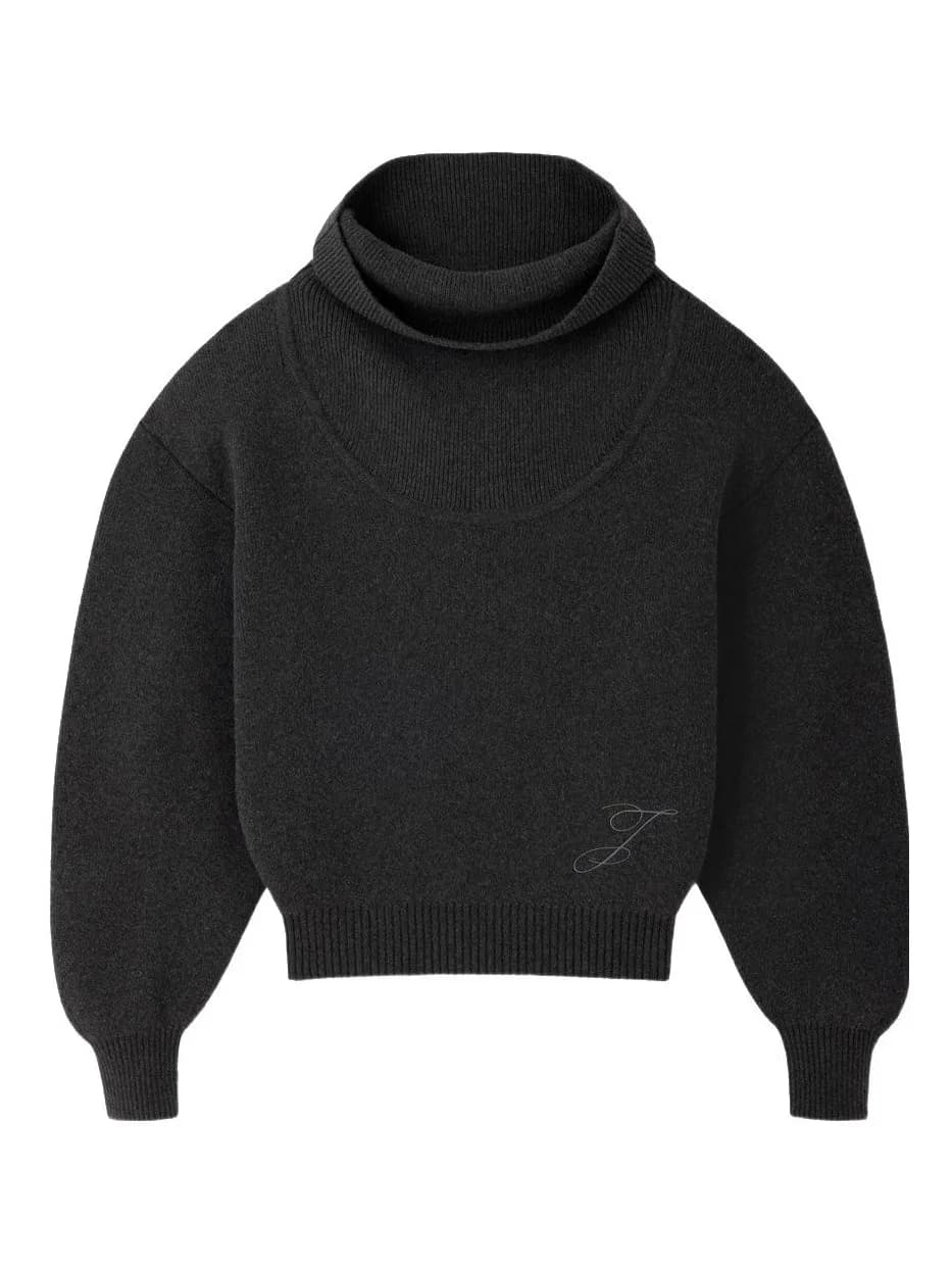 Men's Dark Grey Turtleneck Sweater Cursive Logo Embroidery Neck Pullover — view 6