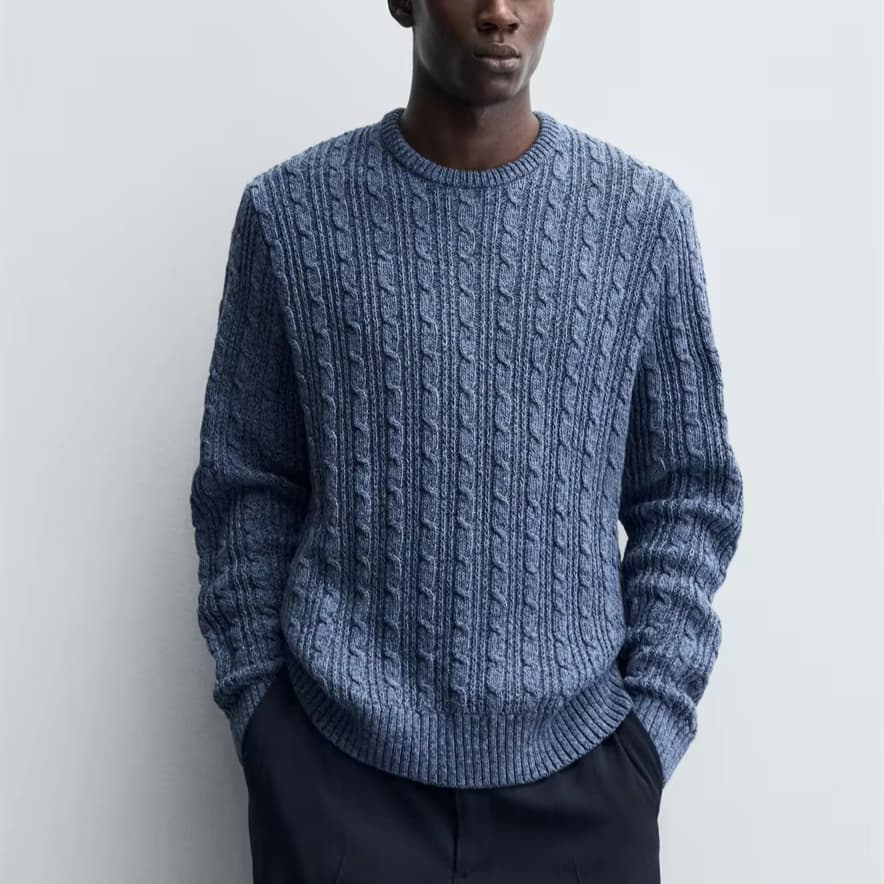 Men's Denim Blue Allover Cable Knit Crew Neck Sweater Heavy Wool Textured Winter