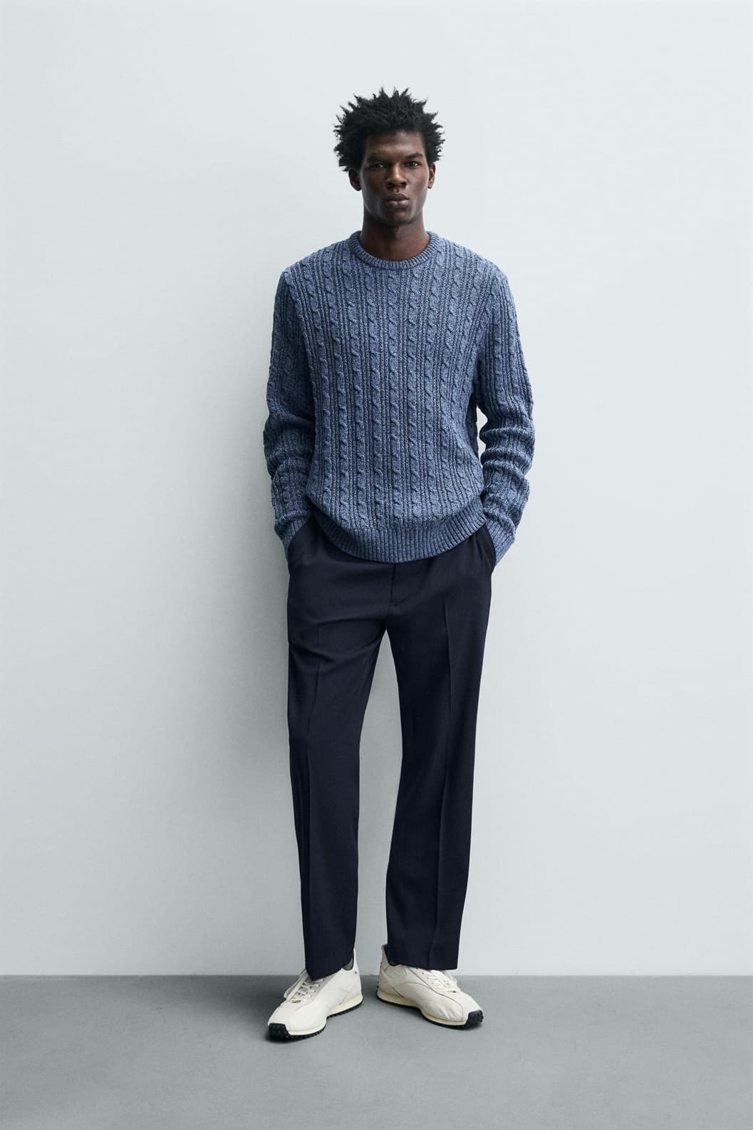 Men's Denim Blue Allover Cable Knit Crew Neck Sweater Heavy Wool Textured Winter — view 5