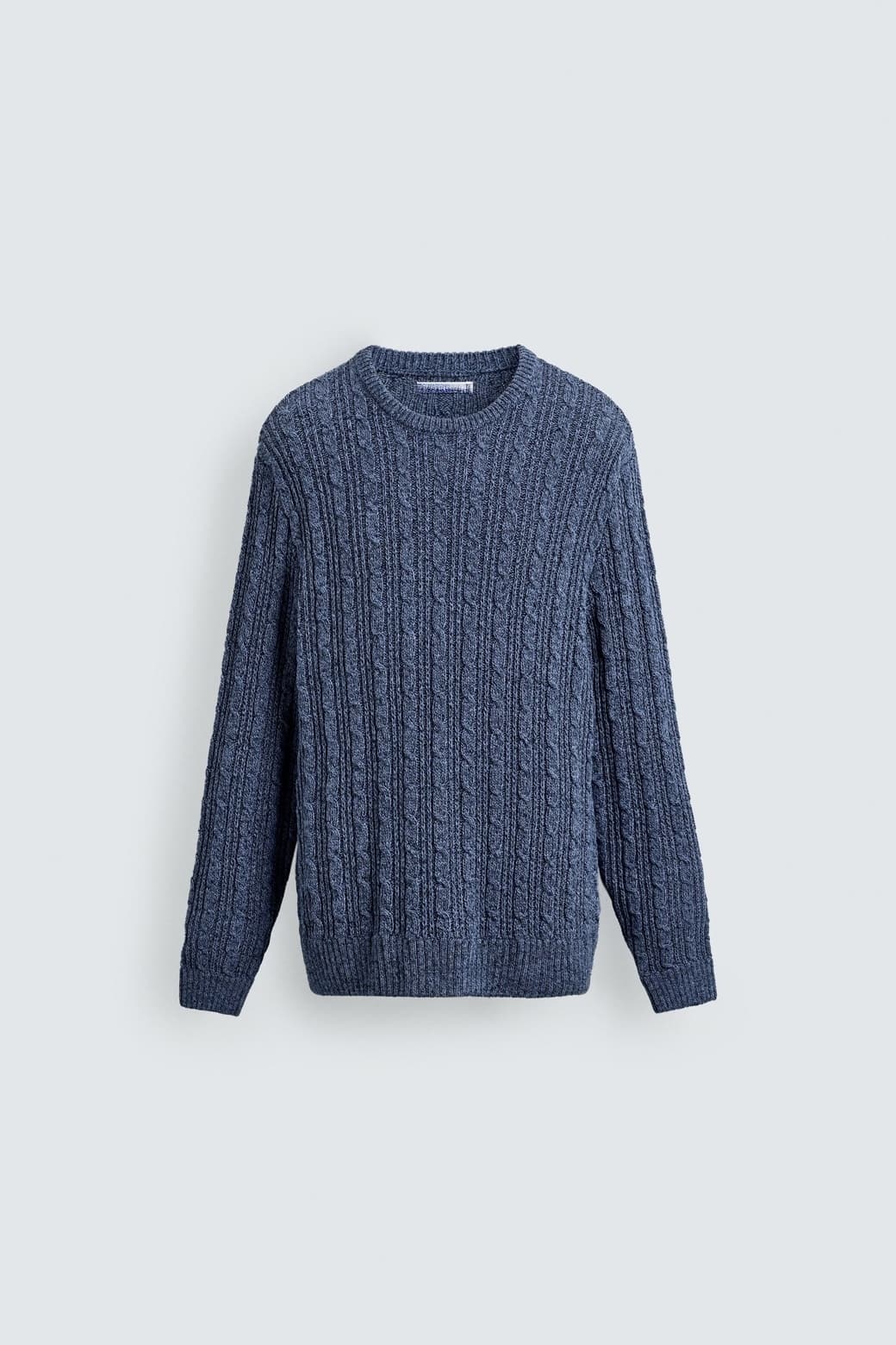 Men's Denim Blue Allover Cable Knit Crew Neck Sweater Heavy Wool Textured Winter — view 6