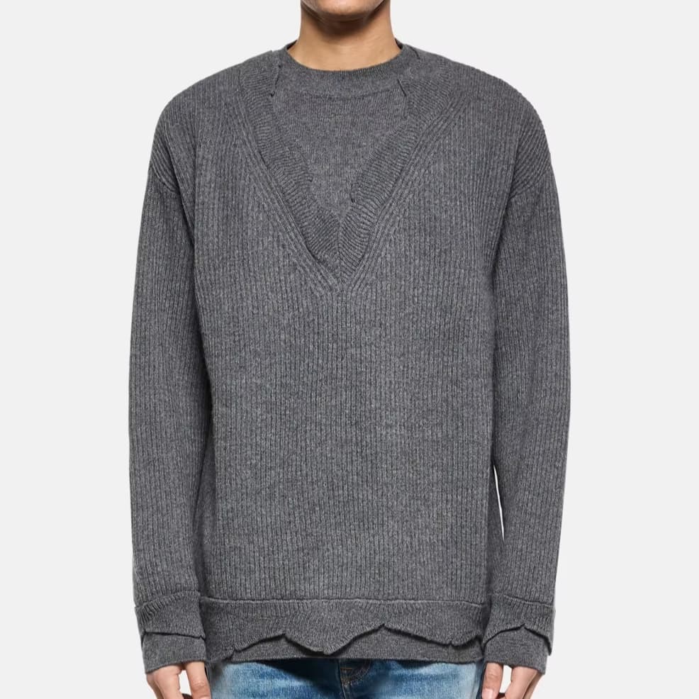 Men's Designer Grey Ribbed Layered Neck Sweater Double Collar Cotton Knit