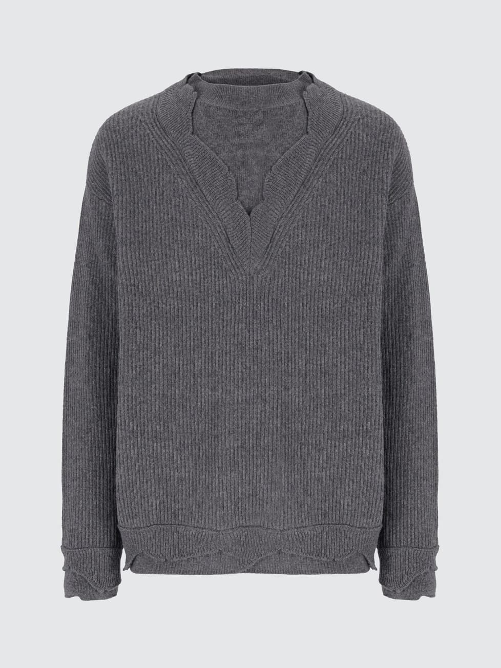 Men's Designer Grey Ribbed Layered Neck Sweater Double Collar Cotton Knit — view 6