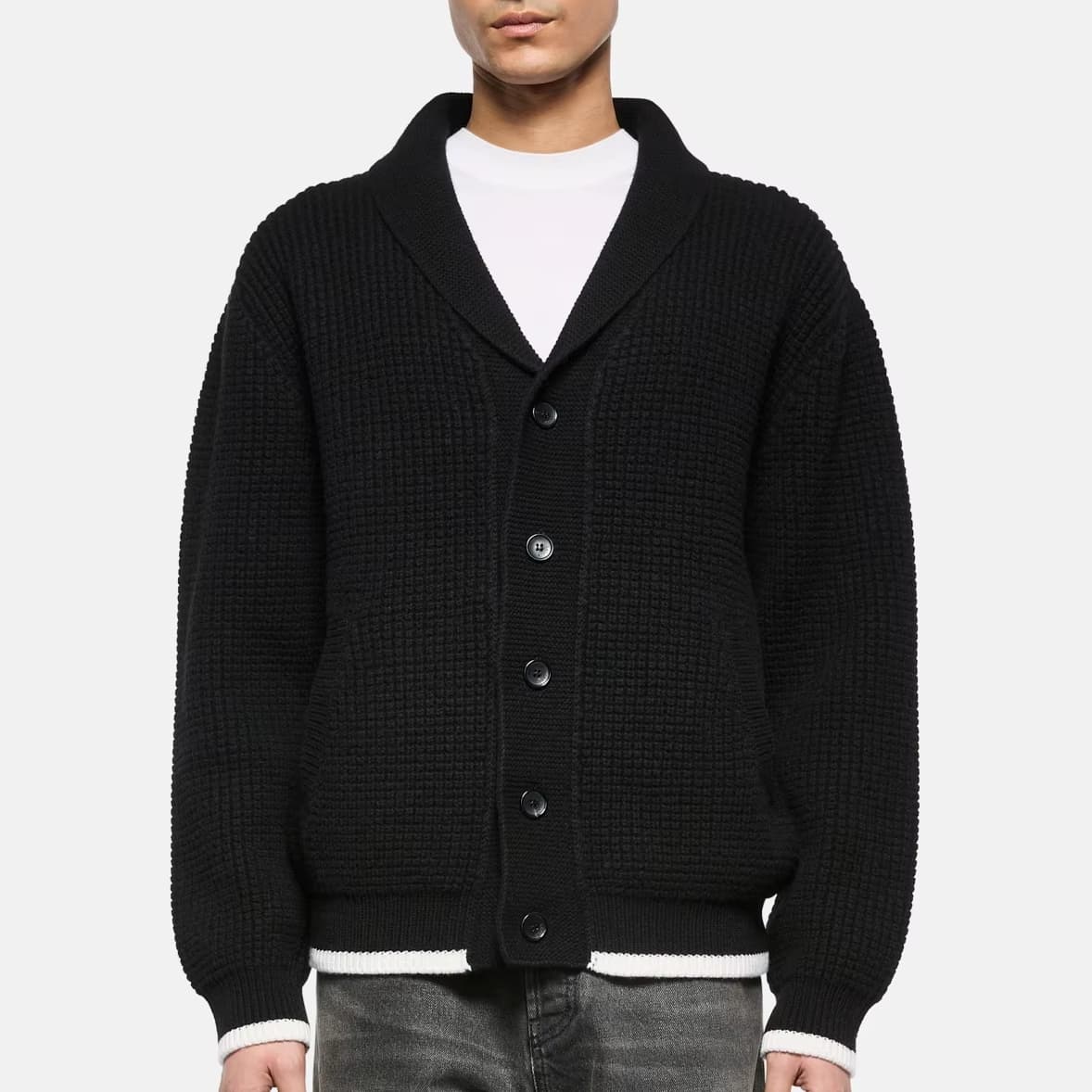 Men's Elegant Black Waffle Knit Shawl Collar Cardigan Button Wool Contrast Tip Lounge