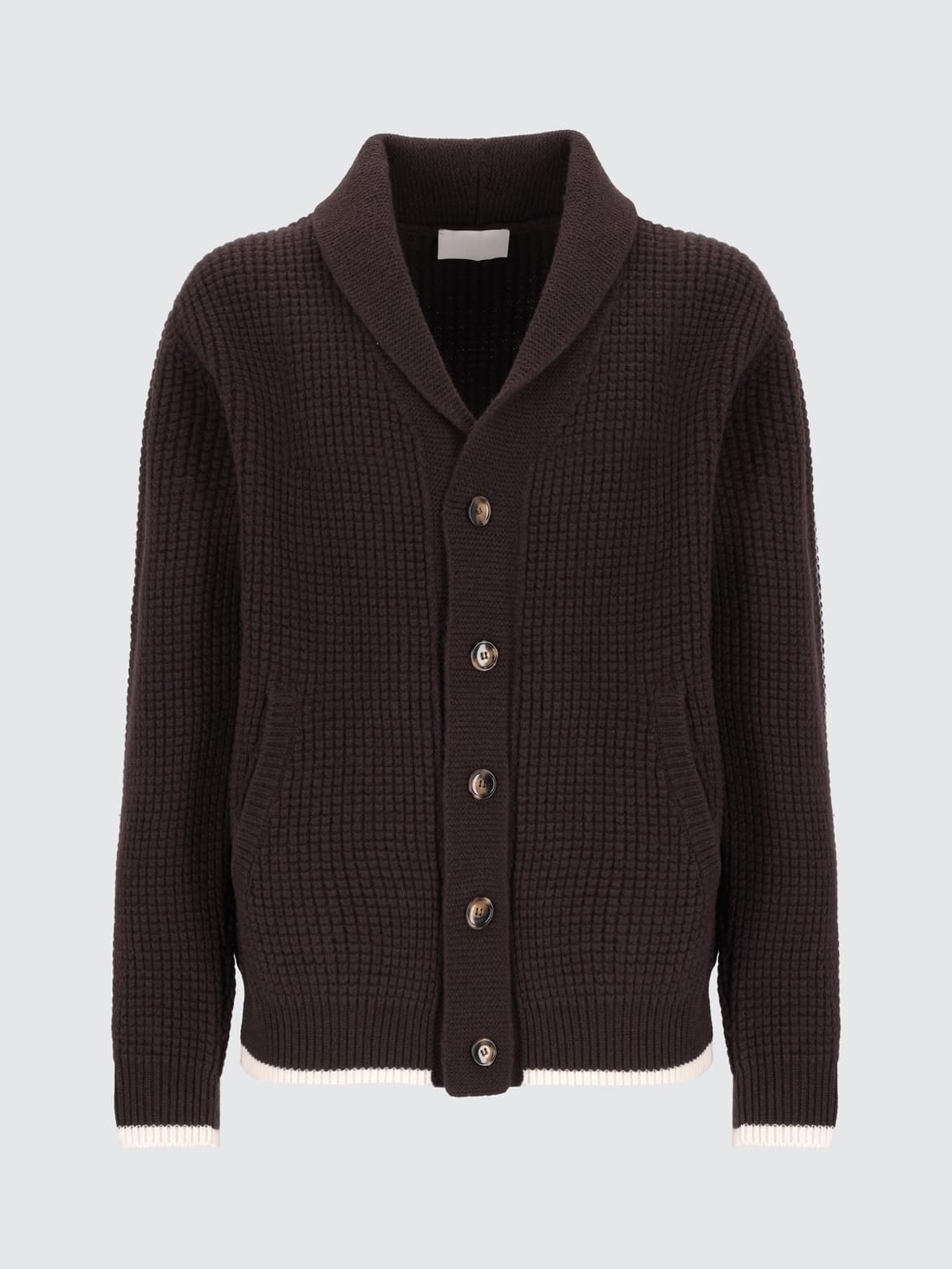Men's Elegant Black Waffle Knit Shawl Collar Cardigan Button Wool Contrast Tip Lounge — view 5