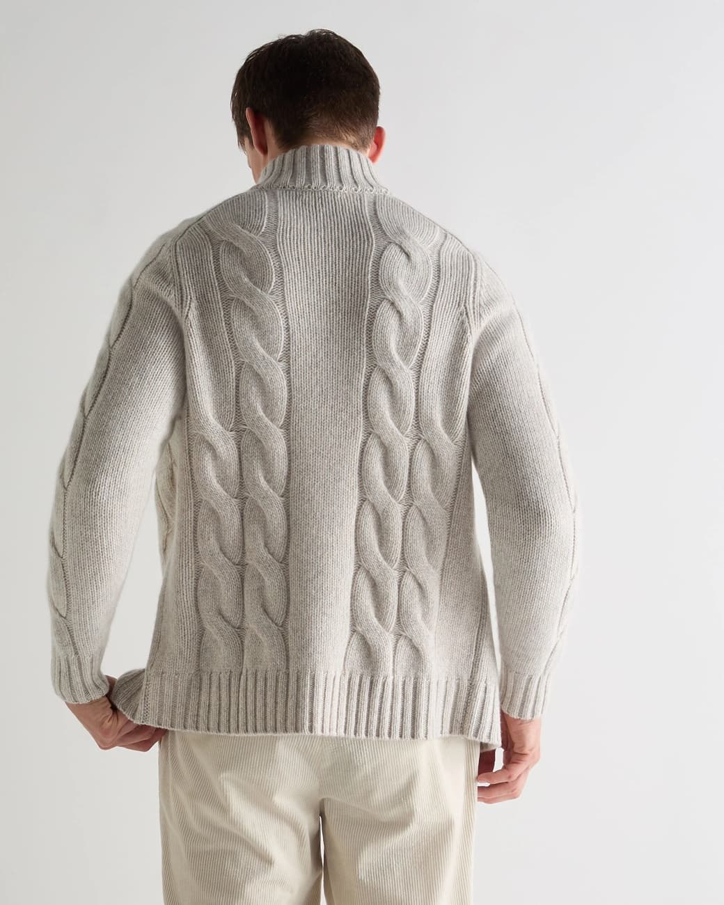 Men's Elegant Cream Cable Knit Full Zip Cardigan Heavy Wool Winter Jacket