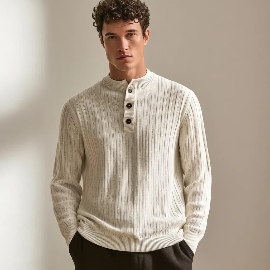 Men's Fine Rib Knit Henley Sweater