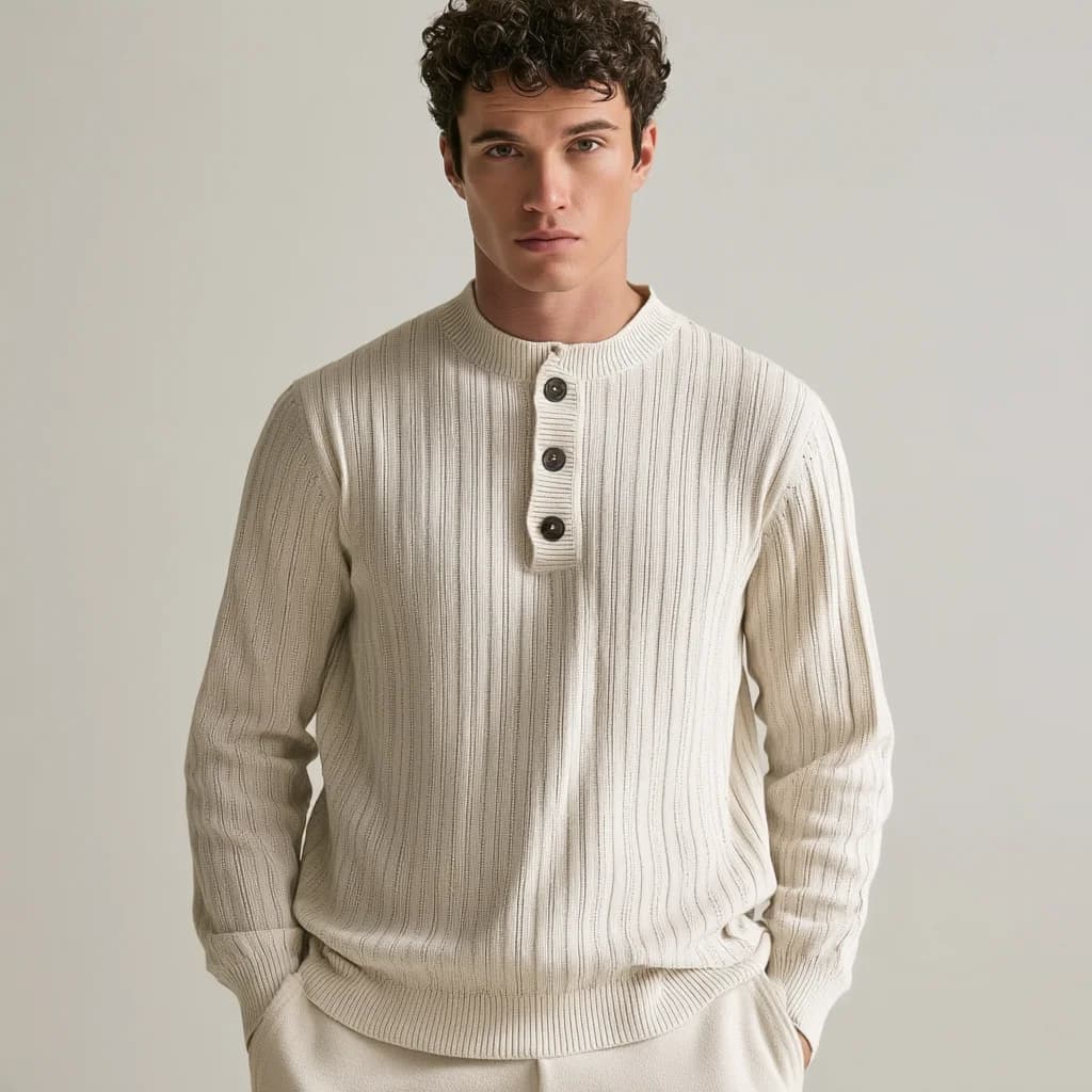 Men's Fine Rib Knit Henley Sweater — view 4