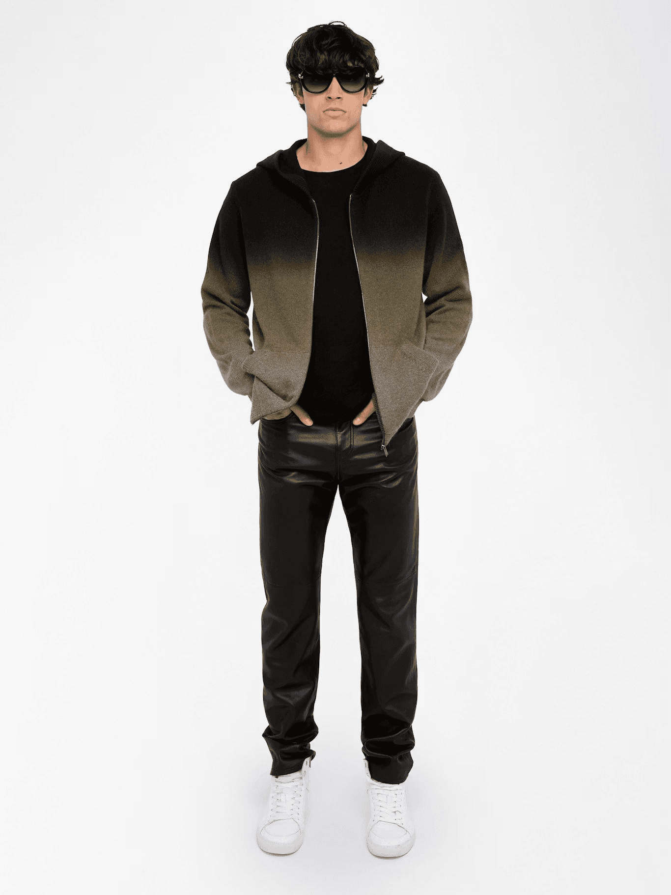 Men's Green Black Ombre Zip Hoodie Gradient Knit Jacket Casual Sweater — view 4