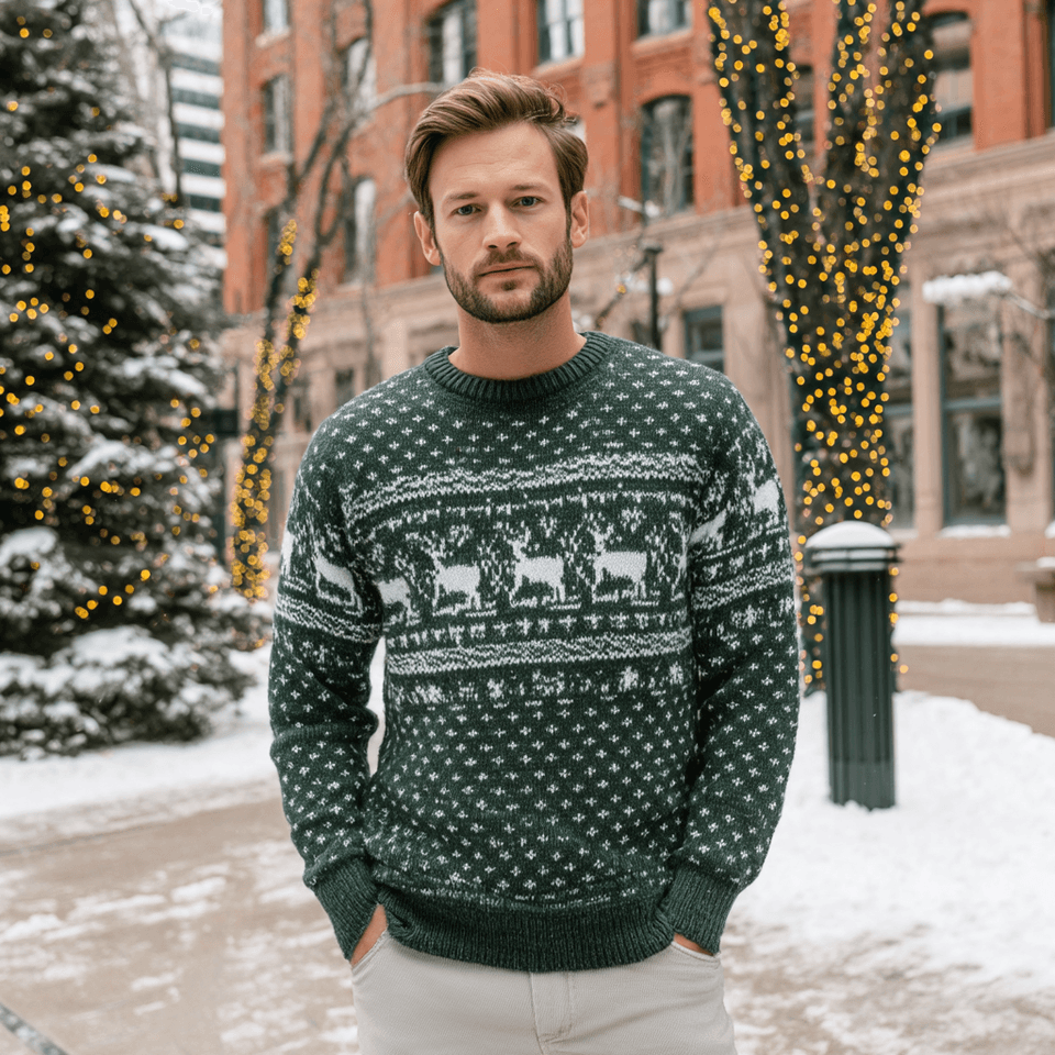 Men's Green Nordic Reindeer Christmas Crewneck Sweater