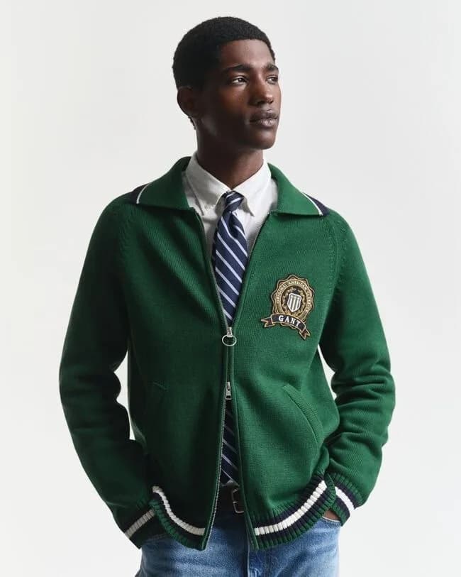 Men's Green Full Zip Knit Jacket Varsity Logo Patch