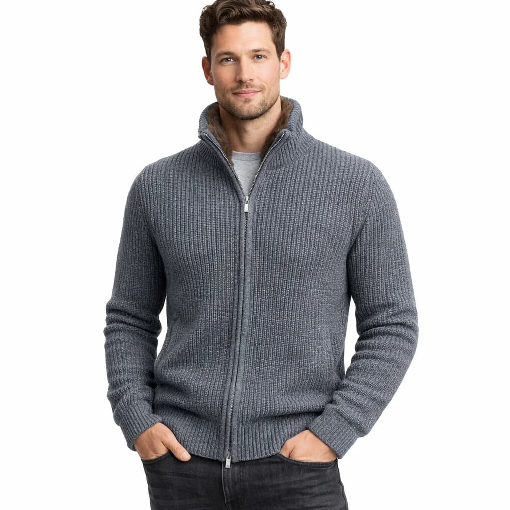 Men's Grey Cashmere Wool Cardigan Detachable Faux Fur Collar Double Zipper Winter