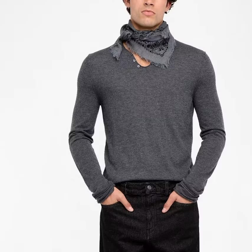 Men's Grey Charcoal Henley Sweater Button Placket Long Sleeve Casual Top