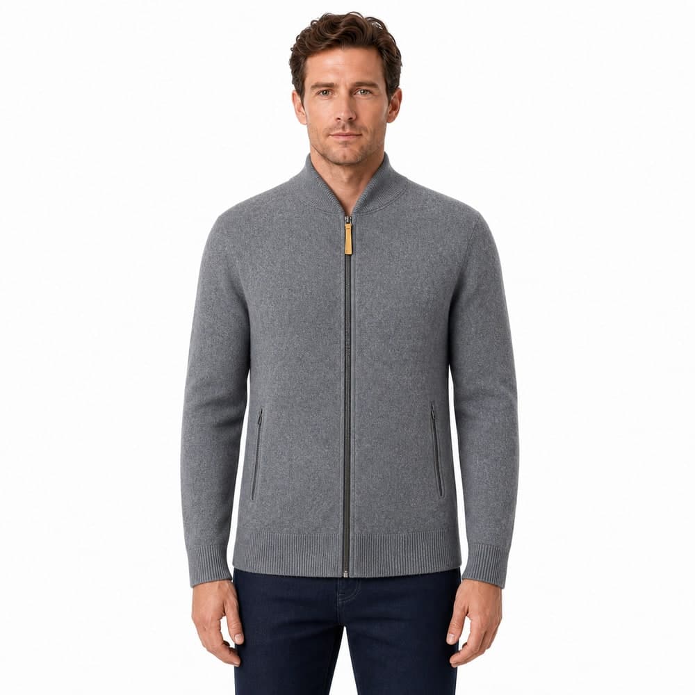 Men's Grey Cotton Cashmere Zip Pocket V Neck Sweater