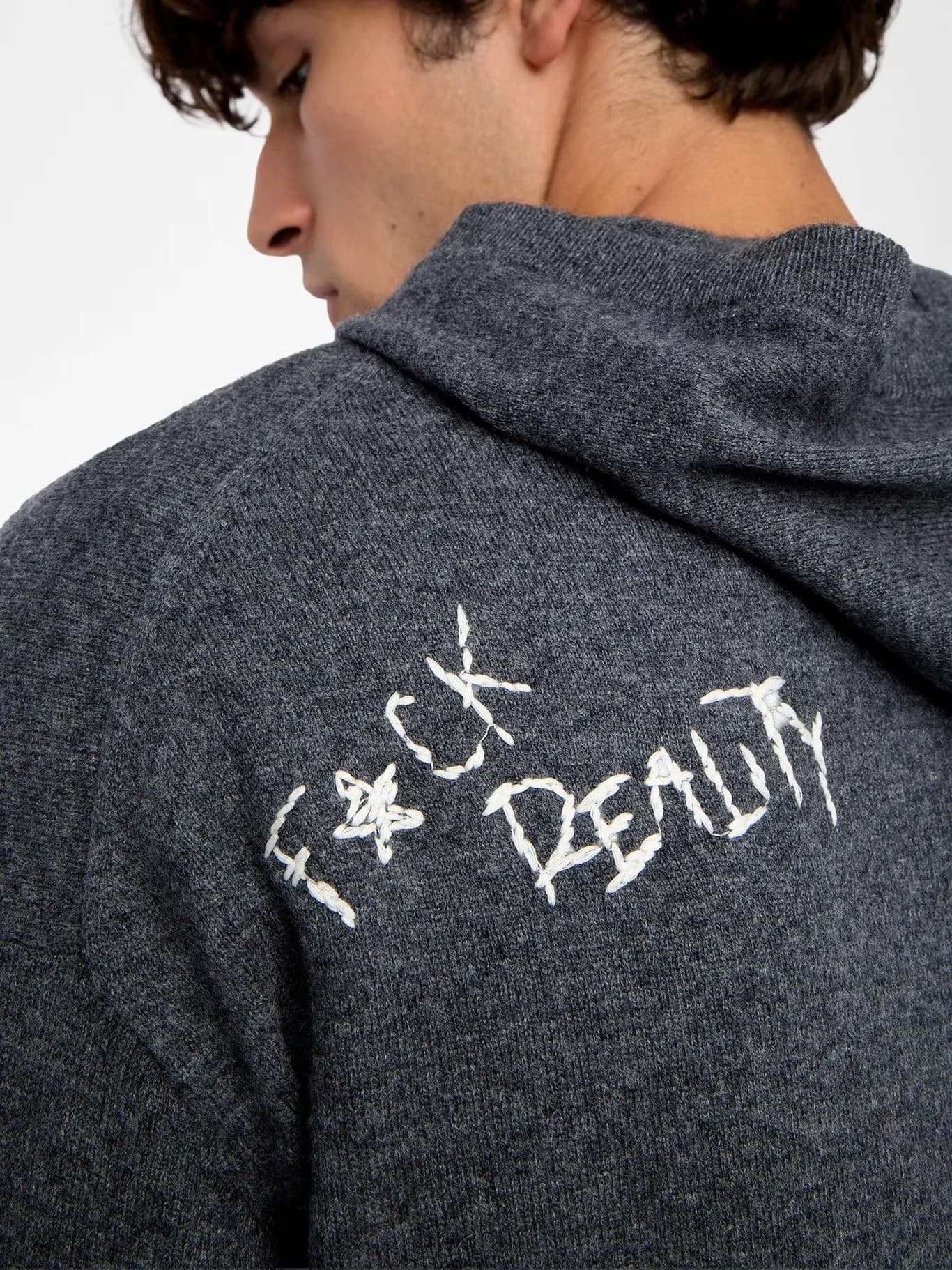 Men's Grey Knit Hoodie Skull Graffiti Text Graphic Hooded Sweater — view 4