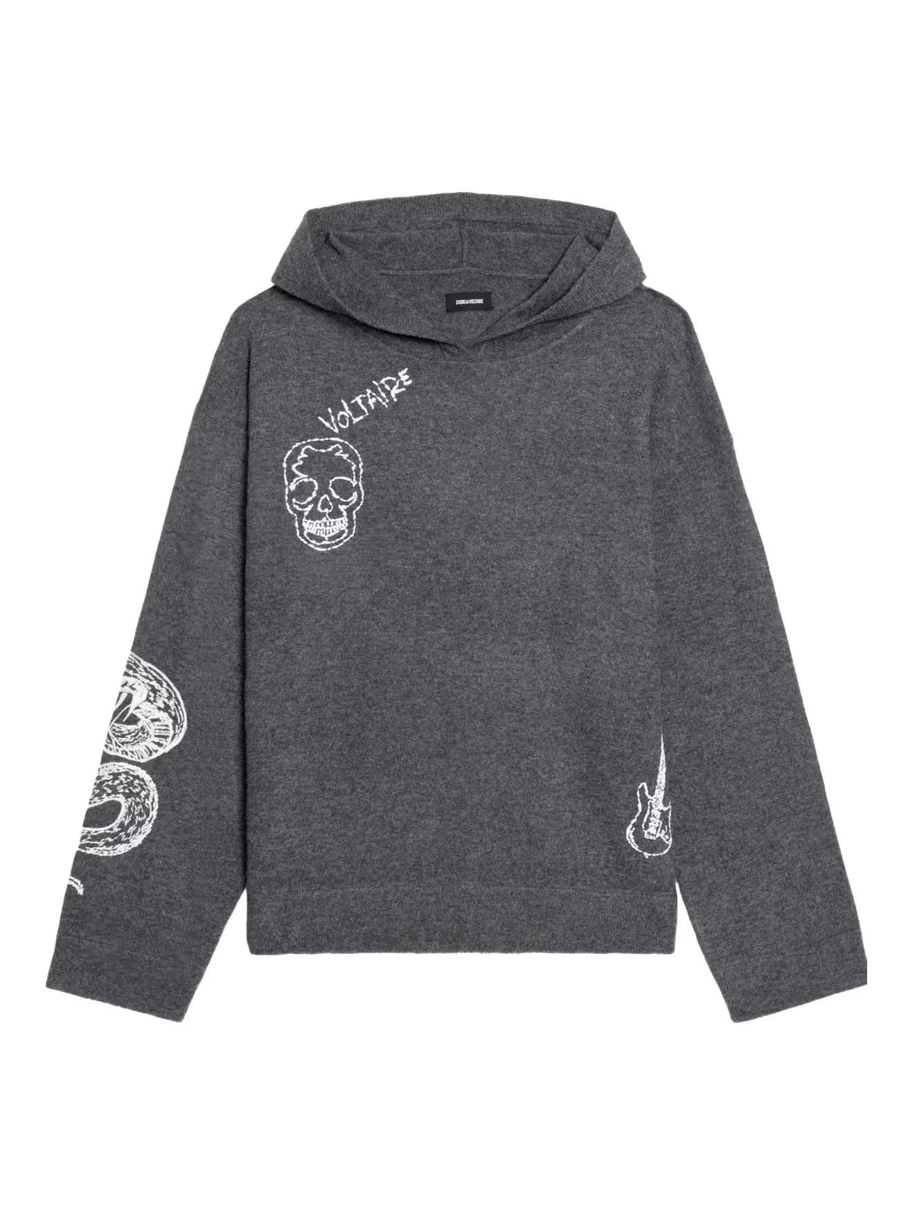 Men's Grey Knit Hoodie Skull Graffiti Text Graphic Hooded Sweater — view 5