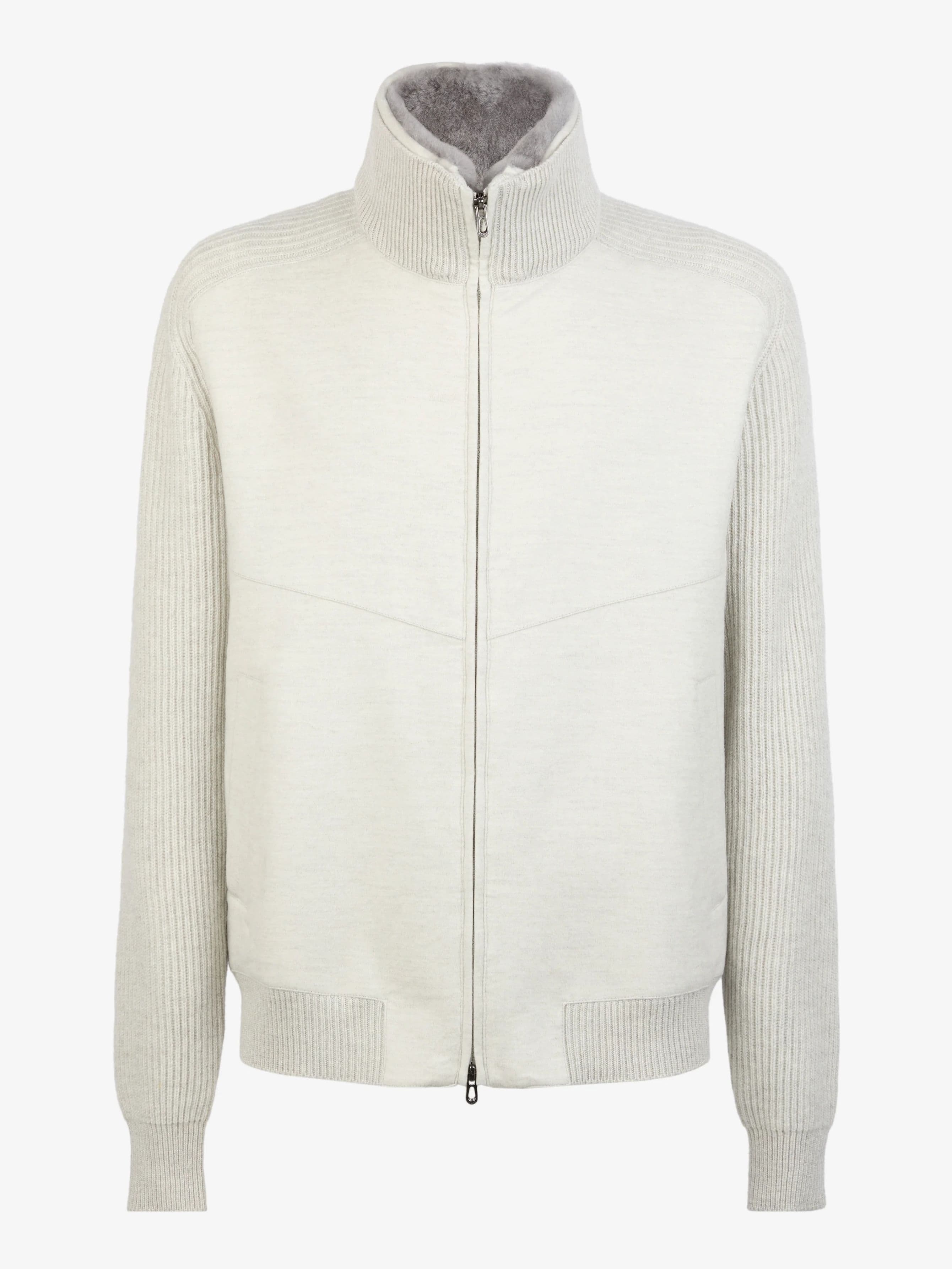 Men's Grey Knit Nylon Contrast Pocket Full Zip Jacket — view 5
