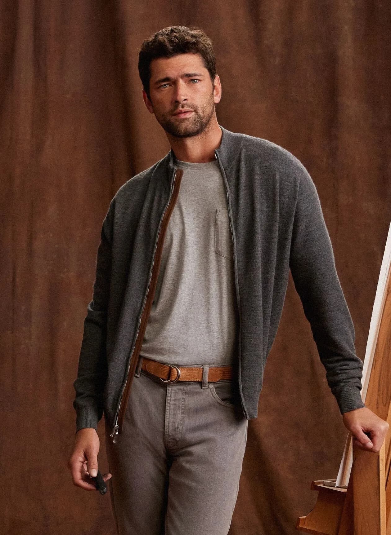 Men's Grey Melange Full Zip Cardigan Mock Neck Wool Blend — view 3